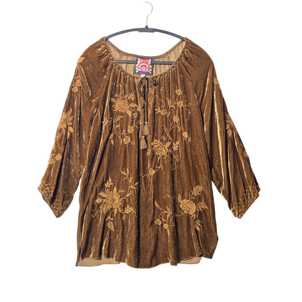 Johnny Was Millie Velvet Peasant Tunic Blouse Floral Embroidered Brown M Boho